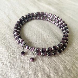 Purple and Silver-toned Beaded Wrap Bracelet